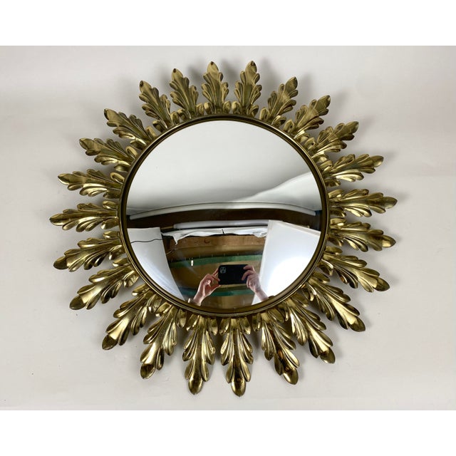 Mid-Century Modern Vintage Sunburst Convex Wall Mirror with Oak Leaves & Metal Frame, Belgian, 1960s For Sale - Image 3 of 7