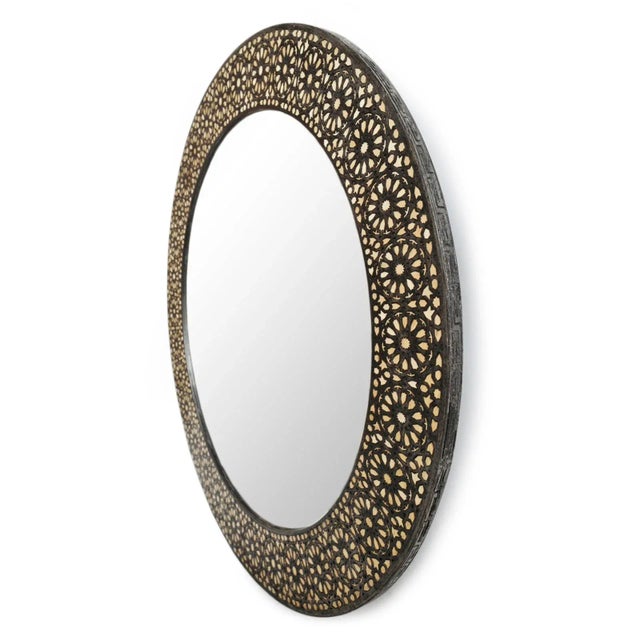 Beautiful vintage round Moroccan wood inlay mirror frame with intricate contrasting black and raw wood hand cut floral...