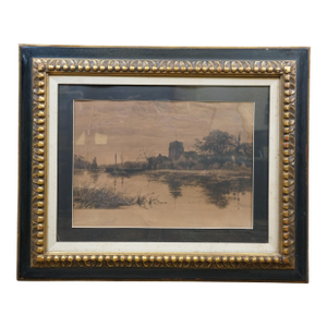 Antique Richard William Halfnight Signed Twilight Castle Sailboats Etching 32"