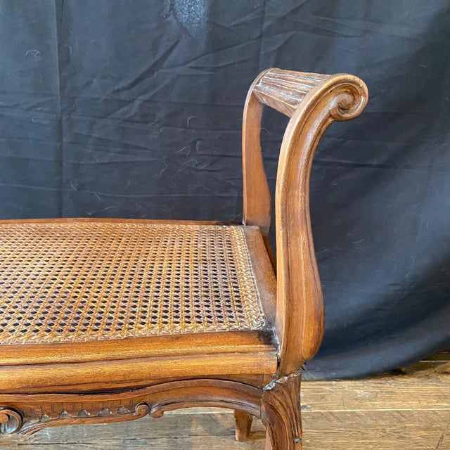French Provincial French Provincial Louis XV Carved Walnut Bench or Ottoman With Caning For Sale - Image 3 of 12