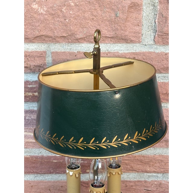 Antique French Bouilette Brass and Metal Shade 3-Light Table Lamp, 1930s For Sale - Image 6 of 11