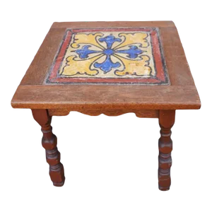 Single Antique Hand-Painted Terracotta Tile Set in Wooden Side-Table