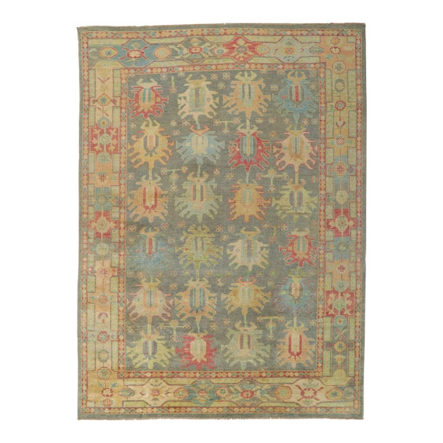 Colorful Gray Vintage Modern Oushak Rug - 09'00 X 12'04 For Sale