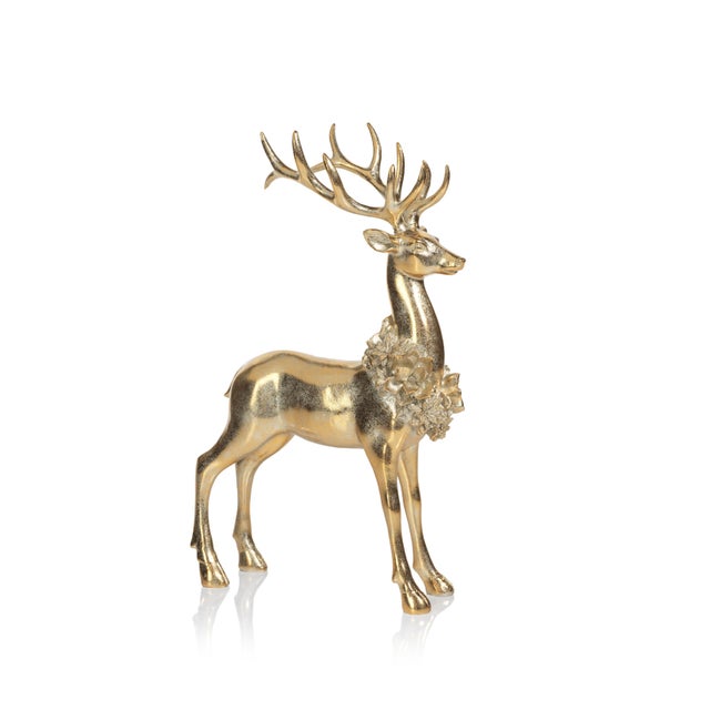 Modern Clara Golden Standing Deer Figurine with Floral Wreath For Sale - Image 3 of 3