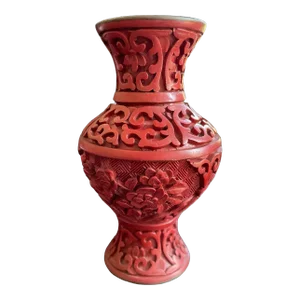 Vintage Asian Carved Cinnabar Lacquer With Blue Enamel Vase
