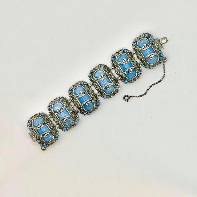 Victorian 1920s Antique Art Deco Art Nouveau Blue Glass & Silver Tone Clasp Cuff Bracelet, 7” For Sale - Image 3 of 13