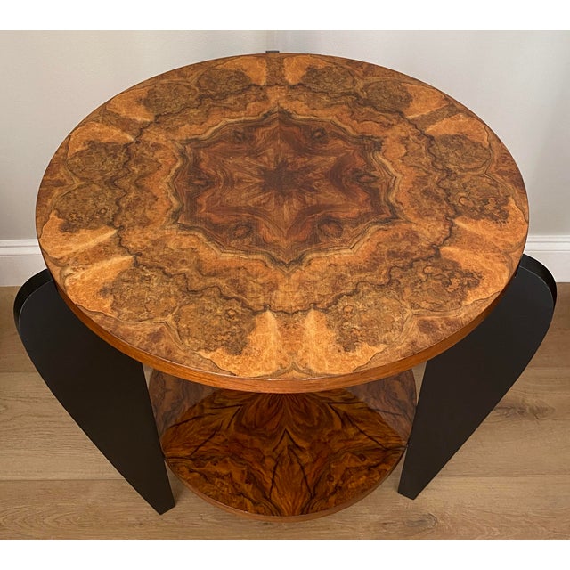 French Art Deco Two-Tiered Gueridon Table Amboyna Wood & Black Lacquer For Sale - Image 4 of 7