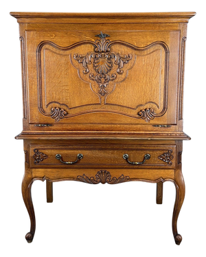 Vintage French Louis Style Carved Oak Cabinet with Drawer