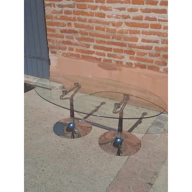 Oval Table in Glass, Chrome and Walnut, 1970s For Sale - Image 11 of 11