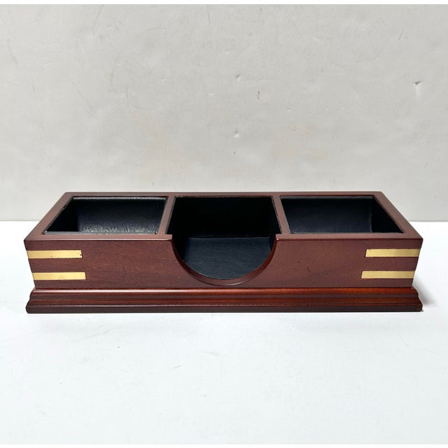 2003 Bombay Company Mahogany Desk or Dresser Valet Organizer With Brass Inlay and Faux Leather Lining For Sale - Image 9 of 10