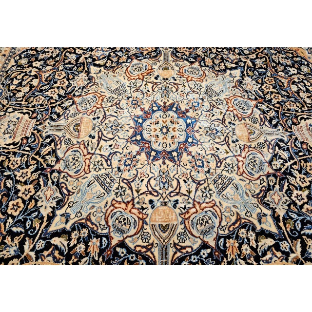 Vintage Persian Nain Area Rug, Hand-Knotted Wool & Silk, Floral Pattern, 9x13, Navy & Ivory For Sale - Image 15 of 18