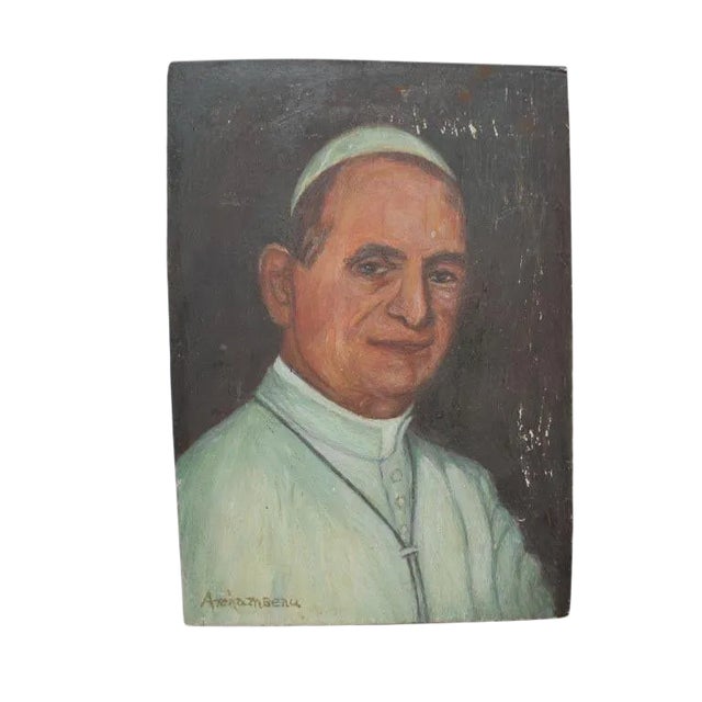 Small Vintage French Oil Portrait Painting on Wood of Catholic Pope Paul VI France For Sale