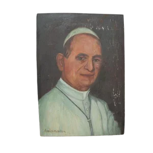 Small Vintage French Oil Portrait Painting on Wood of Catholic Pope Paul VI France
