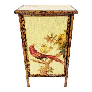 Vintage Mid-Century Modern Lacquered Faux Painted & Bamboo Single Door Console Table Cabinet For Sale