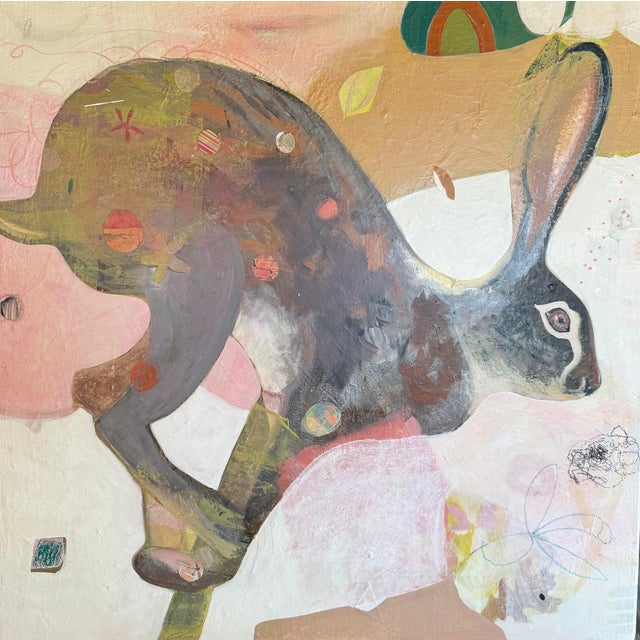 This fun Jackrabbit is running among fun pink and beige shapes. I added polka dots on the body of the rabbit with college....