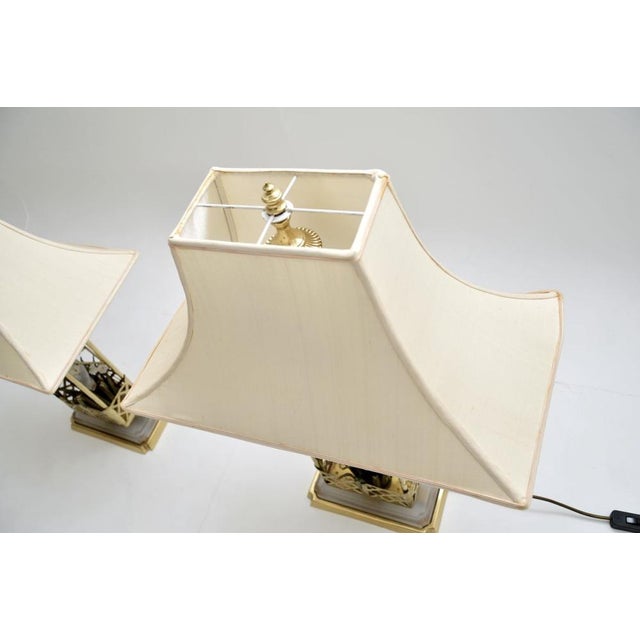 Mid-Century Modern French Brass and Opaline Glass Table Lamps attributed to Maison Baguès, 1970s, Set of 2 For Sale - Image 3 of 12