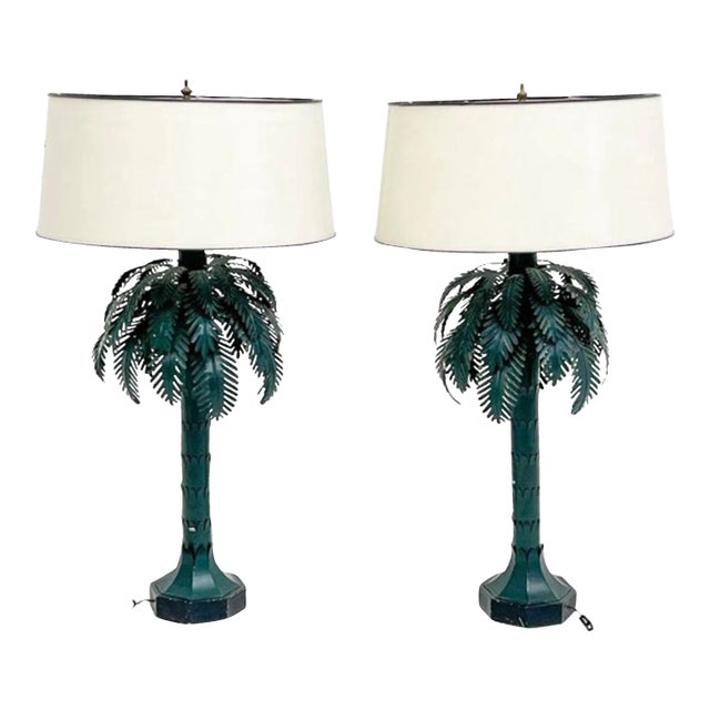 Large Pair of Mid-Century Modern Maison Jansen Style Palm Tree Lamps, Metal For Sale