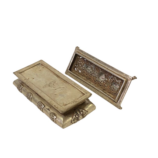 Metal Chinese Tibetan Silver Color Rectangular Shape Incense Burner Display For Sale - Image 7 of 9