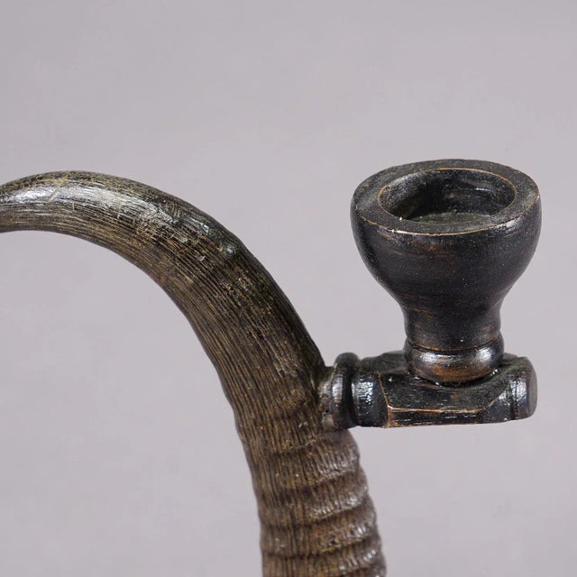 A Pair Lovely Antique Candle Holders With Chamois Horns For Sale - Image 4 of 5