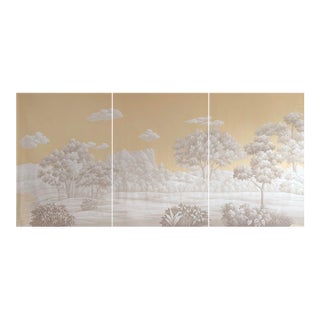 36" * H96" * 3ps,‌ Hand-Painted Retro Warm Gold Wilderness Landscape Wall Mural, Vintage Chinoiserie Monochrome Golden Tone Landscape Wall Cloth For Sale
