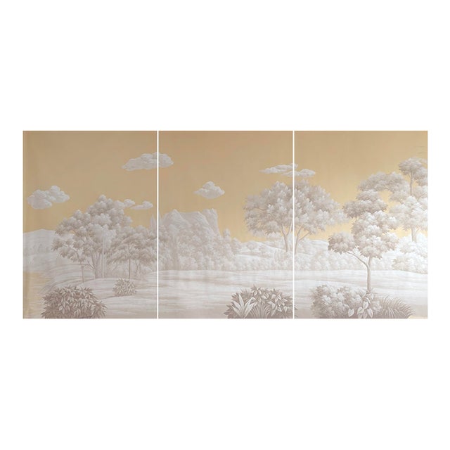 36" * H96" * 3ps,‌ Hand-Painted Retro Warm Gold Wilderness Landscape Wall Mural, Vintage Chinoiserie Monochrome Golden Tone Landscape Wall Cloth For Sale