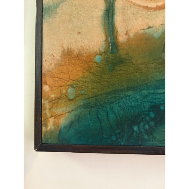 Pair of Vintage Batik Lotus Paintings, Signed, Teal and Coral Wall Art For Sale - Image 9 of 11