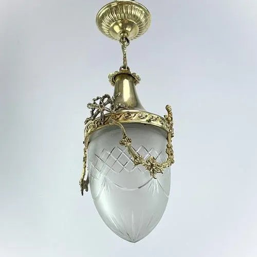 Metal Art Nouveau Bronze Hanging Lamp in Teardrop Shape, 1900s For Sale - Image 7 of 8