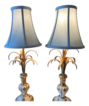 Gorgeous pair of two vintage Florentine giltwood and tole lamps // carved wood and metal palm style lamp bases // gilt and gesso // Italian