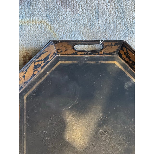 Traditional Antique Octagonal Black Lacquer and Gold Tole Tray For Sale - Image 3 of 6