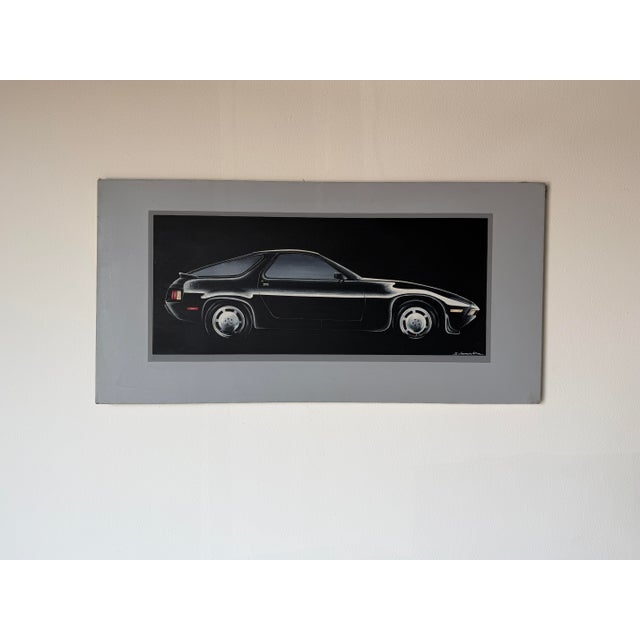 1980s Schamerhorn Classic Black Porsche 928 Oil on Canvas Painting – Signed, Unframed For Sale - Image 12 of 13