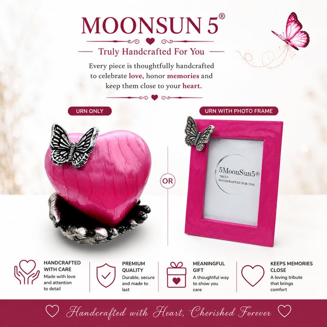 Art Deco Pink Butterfly Heart Cremation Urn With Hand Stand With Picture Frame With Silver Butterfly 7x9 Inches | Memorial Keepsake for Ashes, For Sale - Image 3 of 14