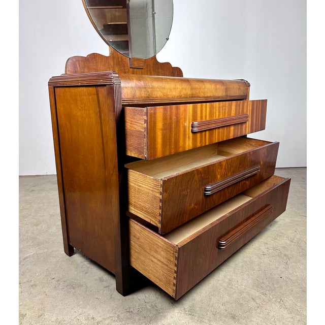 1940’s Art Deco Waterfall Chest of Drawers / Dresser With Round Mirror