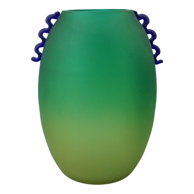 Green and Yellow Acid-Etched Opaque Murano Glass Deco Vase, Venice, Italy, 1950s For Sale