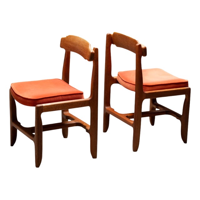 Vintage Dining Chairs in Oak and Velvet by Guillerme Et Chambron, France, 1960, Set of 2 For Sale