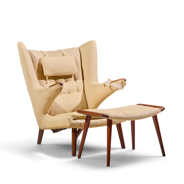 Wood Hans Wegner for Ap Stolen Ap19 Mid Century Papa Bear Chair and Ottoman - Pair For Sale - Image 7 of 16