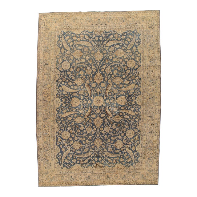 Antique Tabriz Carpet, Handmade Persian Rug in Floral Gold, Blue and Taupe For Sale