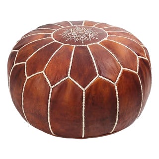 Moroccan Embroidered Leather Pouf For Sale