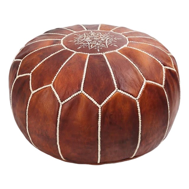 Moroccan Embroidered Leather Pouf For Sale