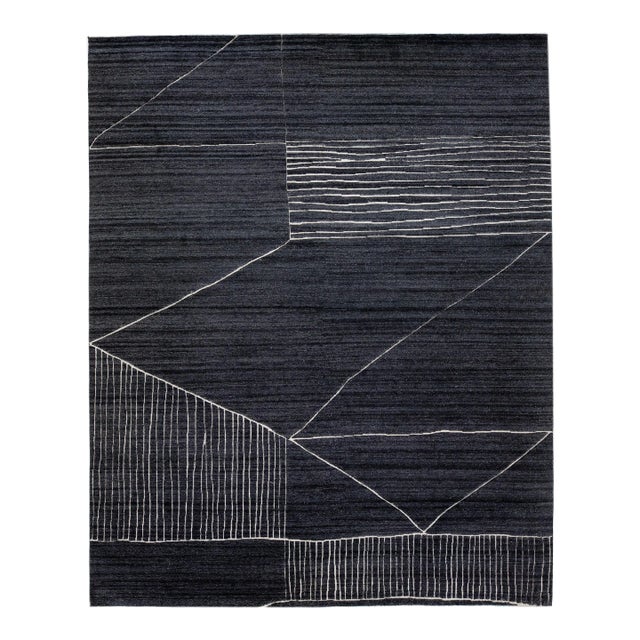 2010s Modern Moroccan Style Handmade Abstract Wool Rug in Charcoal by Apadana For Sale