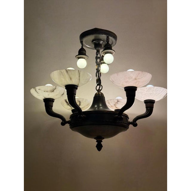 Art Deco Alabaster Chandelier with 9 Lights, Germany, 1930s For Sale - Image 10 of 13