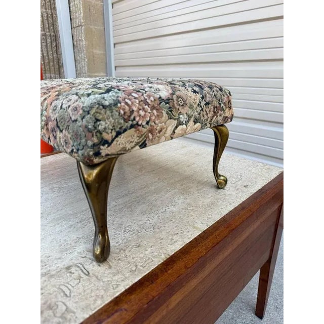 Queen Anne Late 20th Century Vintage Queen Anne Style Stool Floral Upholstered and Brass Color Metal Leg Footstool For Sale - Image 3 of 8