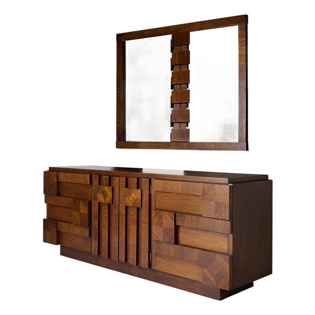1970s Staccato Brutalist Dresser and Mirror by Lane For Sale