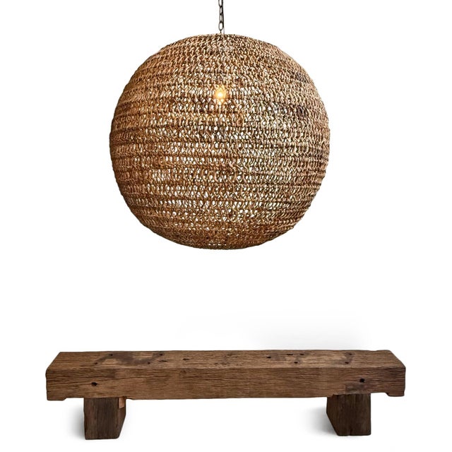 Tan Braided Banana Leaf Globe Coastal Contemporary Pendant Light XL For Sale - Image 8 of 13