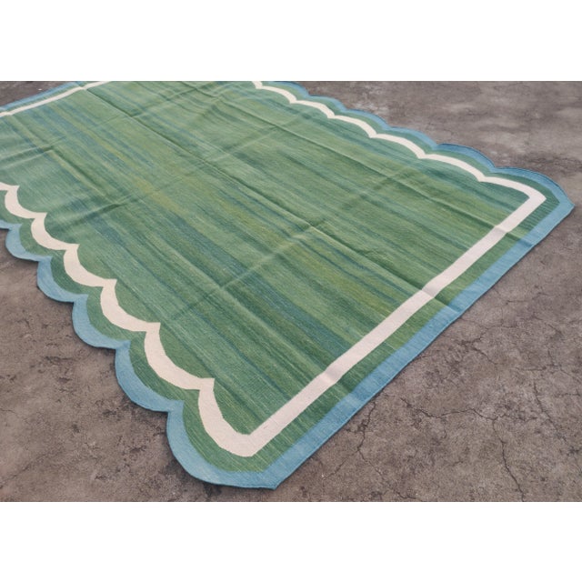 Not Yet Made - Made To Order Handmade Cotton Vegetable Dyed Scalloped Edge Rug Forest Green With Cream and Teal Blue Border - 6x9 For Sale - Image 5 of 11