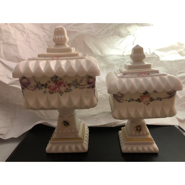 Elegant Westmoreland Milk Glass Wedding Boxes Pink Flowers Purple Bows