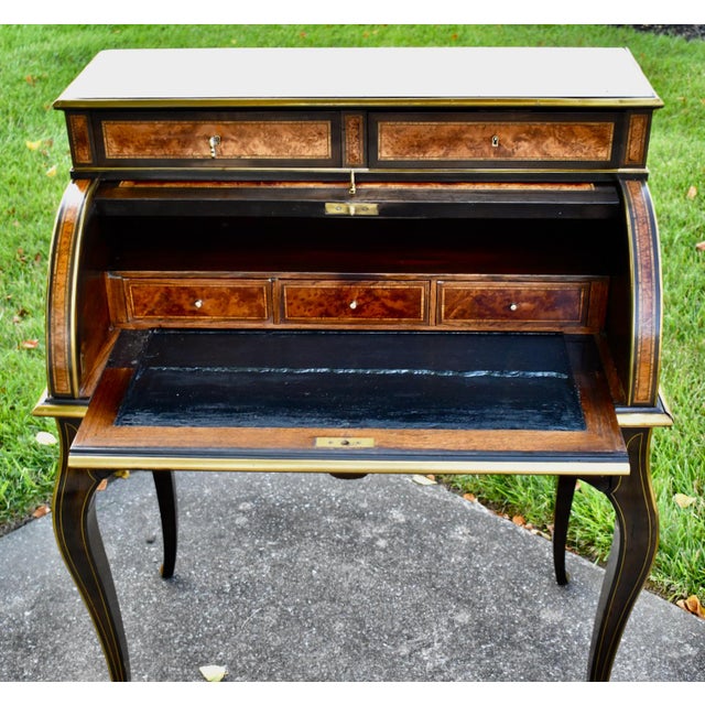 Antique French Walnut Desk Burl Brass Inlay Cylinder Roll Style Bureau Ormolu For Sale - Image 11 of 16