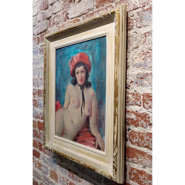 Wood Mancini 1960s Nude Brunette Wearing a Red Hat -Oil Painting For Sale - Image 7 of 9