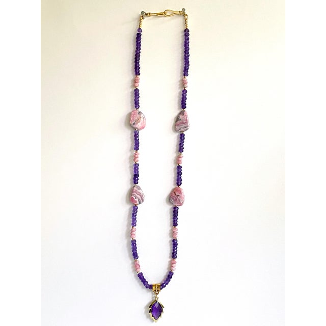 Artisan Amethyst Pendant Necklace With Genuine Argentine Rhodochrosite and Gilded Accents For Sale - Image 18 of 18