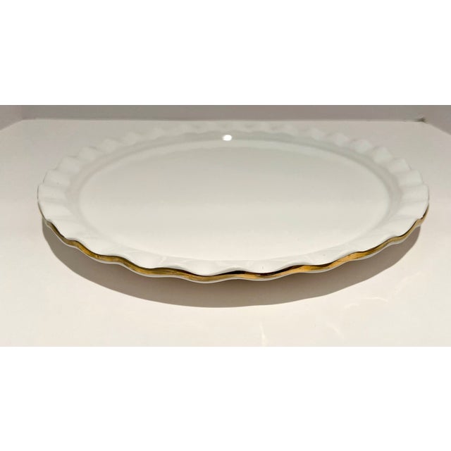 Contemporary Vintage Portuguese Ceramic Cake Dome & Plate – Gift Box Bow Lid – White W/ Gold Trim For Sale - Image 3 of 11