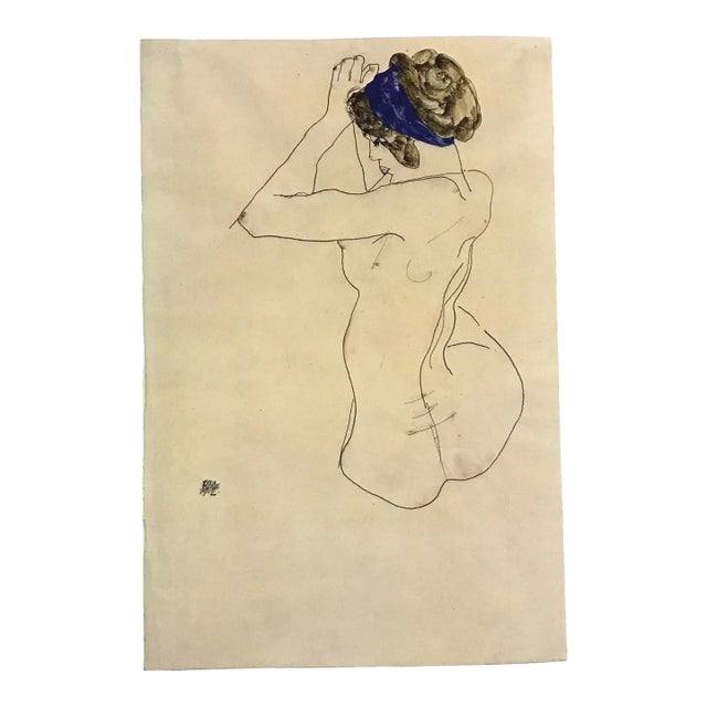 1981 Egon Schiele 15 Erotic Seated Nude With Blue Hair Band For Sale